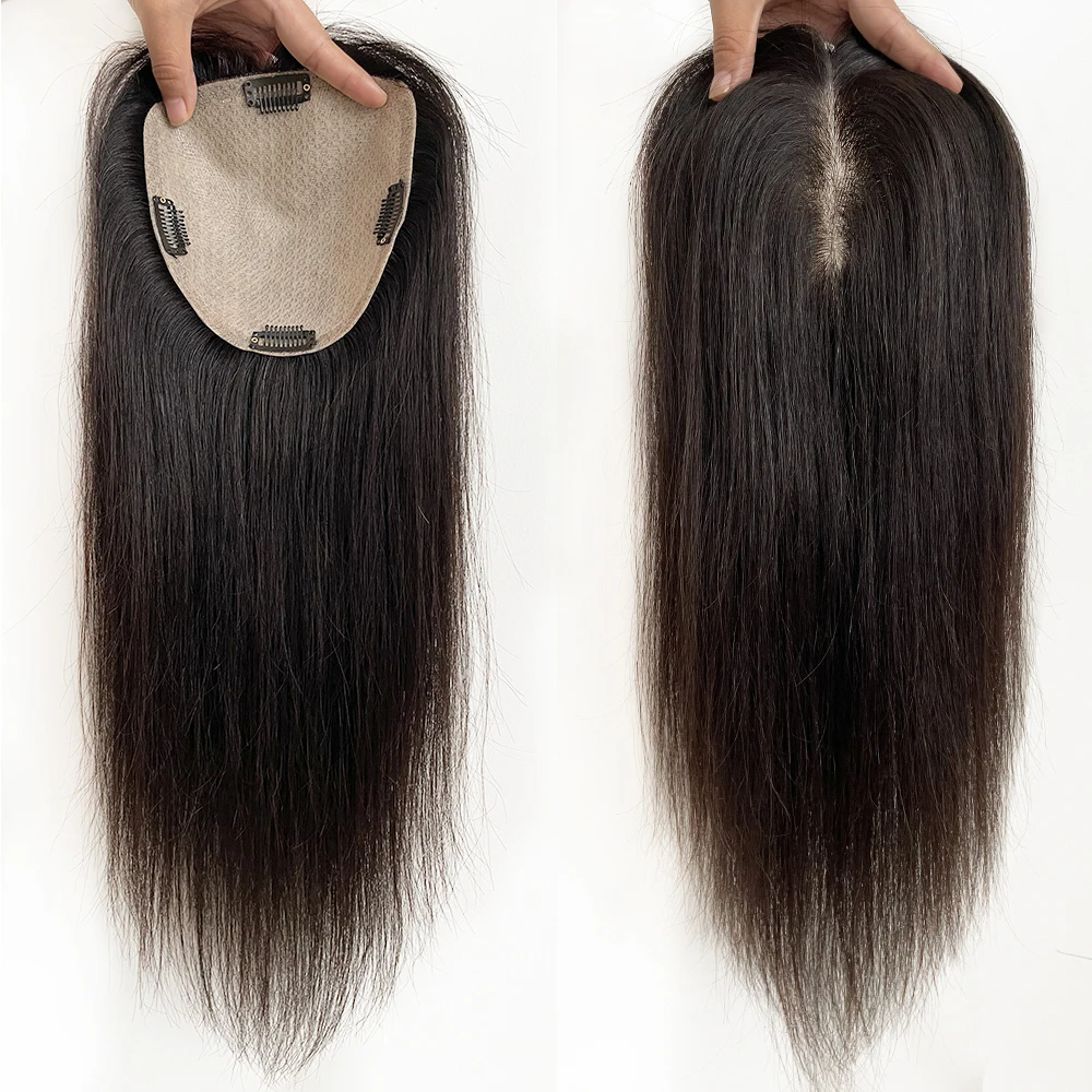 Silk Base Human Hair Topper hair piece with 4 Clips Virgin European Hair Silk Top Toupee for Women Fine Hairpiece black brown 15X16CM