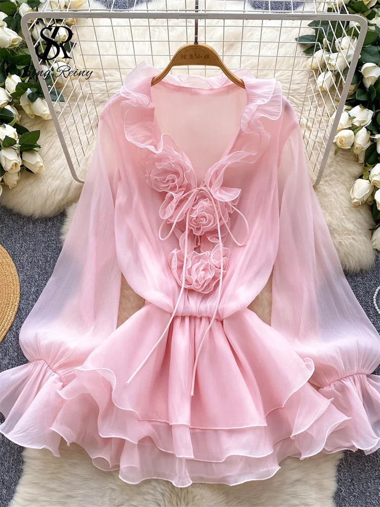 SINGREINY 3D Floral Beach Short Dress Female Long Sleeves Lace Up Ruffle Chiffon Cake Sundress Sheer Sexy Vintage Bohemian Dress 250730