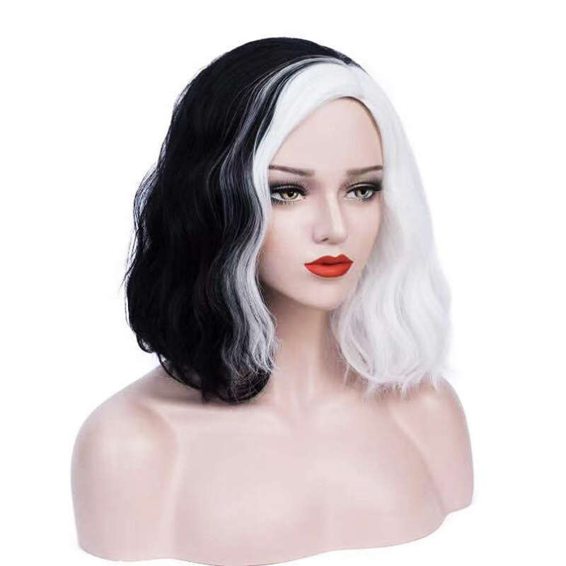 New Black and Witch Cruella Cosplay Wig 1/3 White Side Part Anime Short Hair B5
