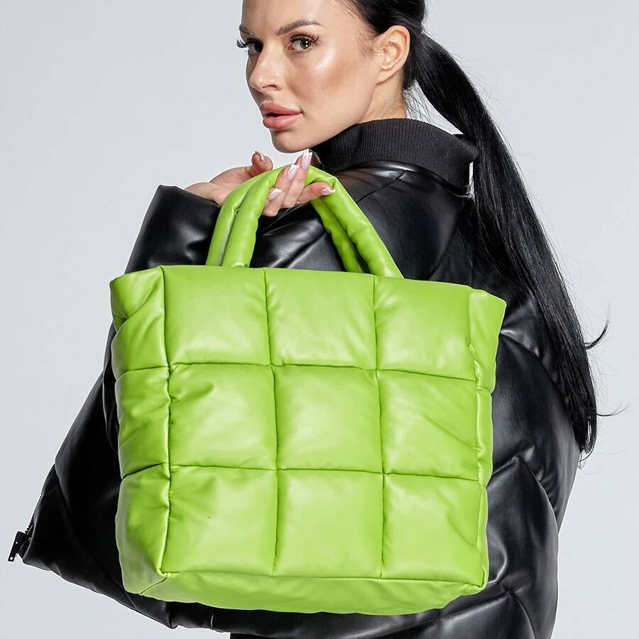 Fashion Quilted Plaid Women Handbags Large Capacity Padded Tote Bag Soft Pu Leather Shoulder Crossbody Bags Puffy Purses high-quality