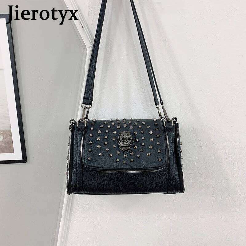 Luxury designer JIEROTYX sexy rivet shoulder women punk skull gothic style large capacity portable messenger bag...