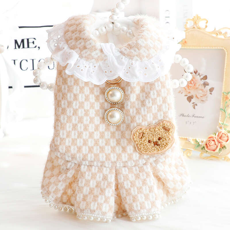 Clothes Autumn Winter Thick Cat Princess Cotton Dress Chanel Style Pearl Small Dog Teddy Pet 5453