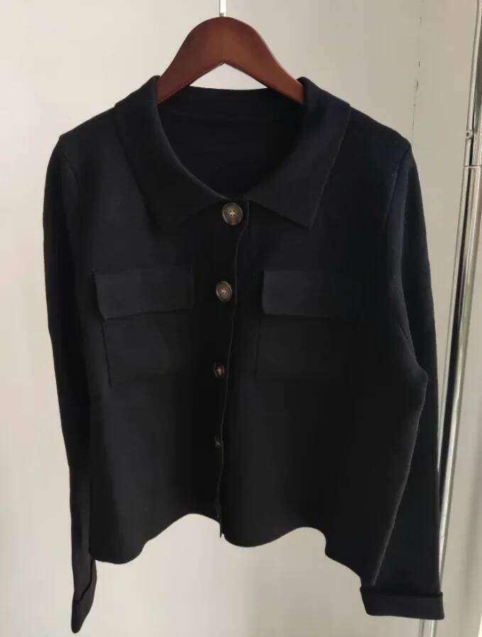 Designer Clothing 2025 Solid Color Jacquard Knit Cardigan Turn-Down Collar Long Sleeve Button Pocket Female Sweater Casual Cozy Ladies Top Clearance