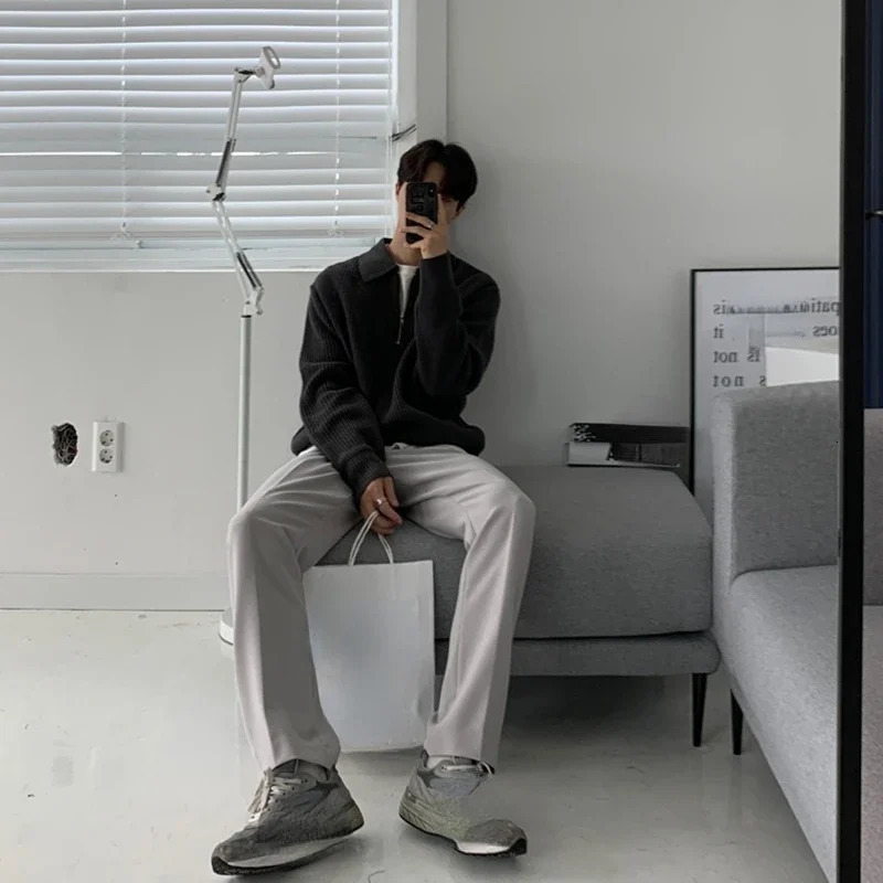 Koren Quality Youth Polo Collar Sweater Men Winter Thickened Loose Half Zipper Autumn and Japanese Vintage 250729