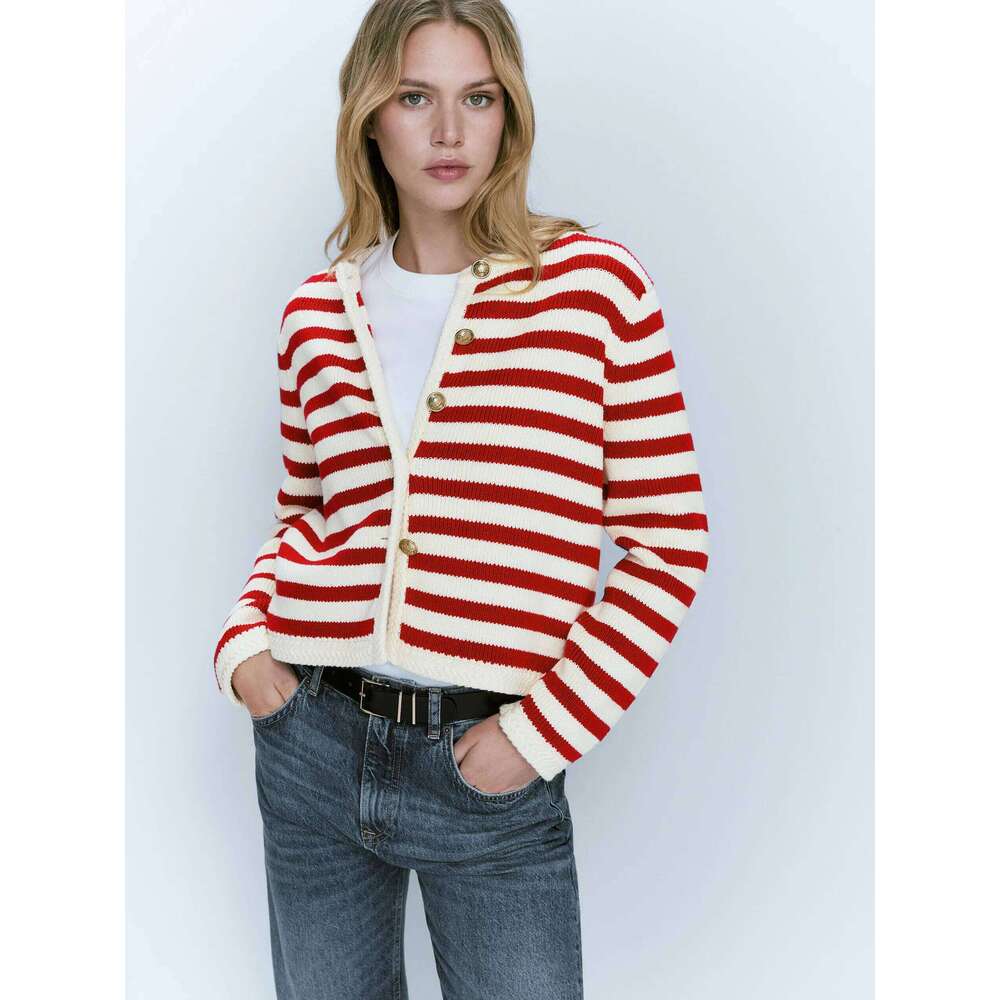 Ethereal MD 2025 Massidutti Women's Spring New Style Of Slim-Fit Commuter Buckle Classic Striped Cardigan For Women 250728