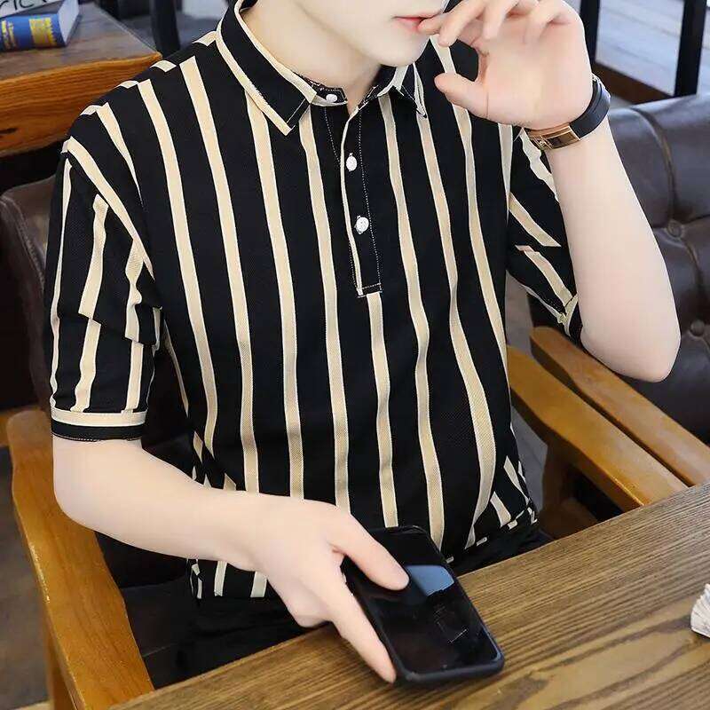 Summer New Business Color Blocked Striped Polo Shirt Men's Short Sleeved Top Flip Collar Casual T-shirt