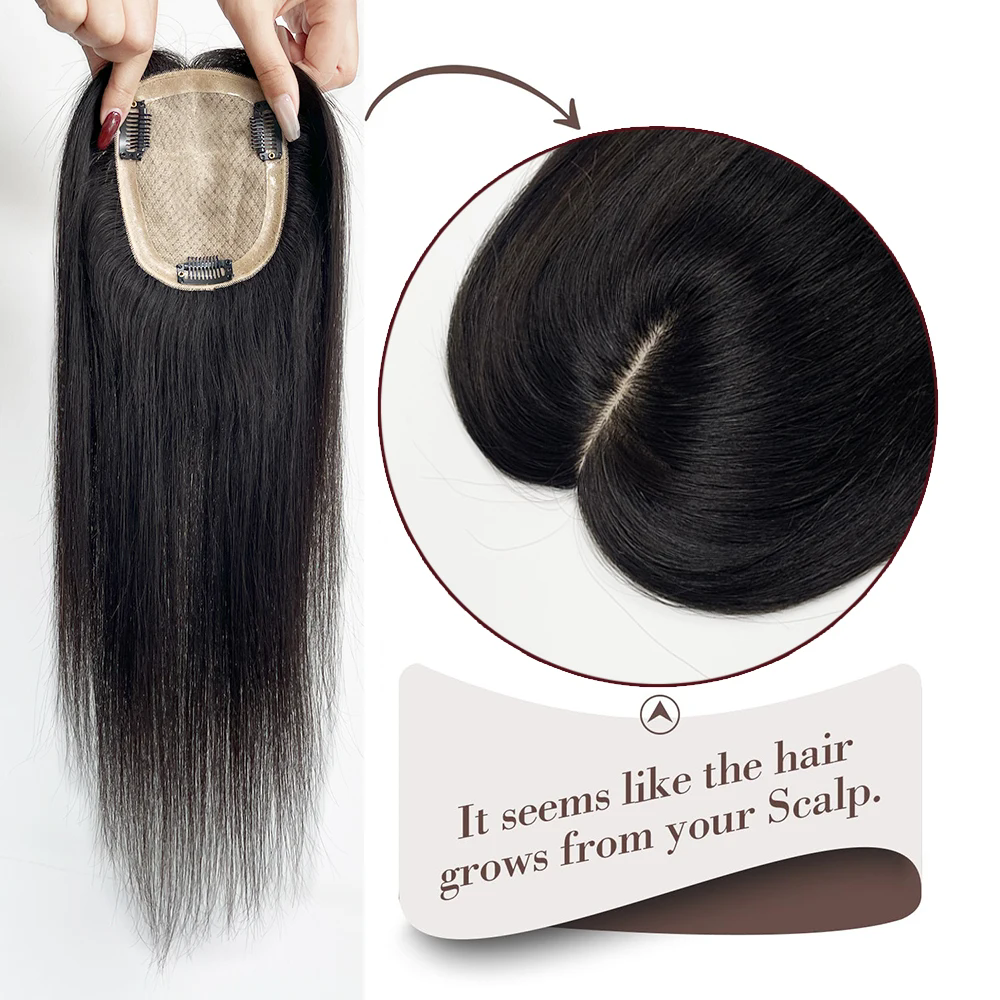 Silk Base Human Hair Topper hair piece with 4 Clips Virgin European Hair Silk Top Toupee for Women Fine Hairpiece black brown 15X16CM