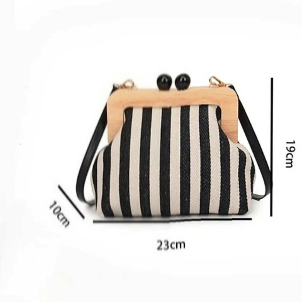 Retro Striped Wooden Clip Shell Bags for Women Messenger Bag Canvas Bead Shoulder Crossbody Ladies Clutch Purse Bolsa Mujer 250725