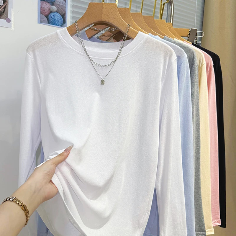 Spring Summer Lightweight Ice Silk Long Sleeve Tshirt Loose Casual Versatile Shirt Solid Color Crew Neck Top 250729