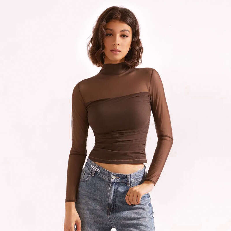 Ytp0 Women's Autumn New Solid Color Half High Collar Mesh Splicing Sexy T-Shirt Top B5