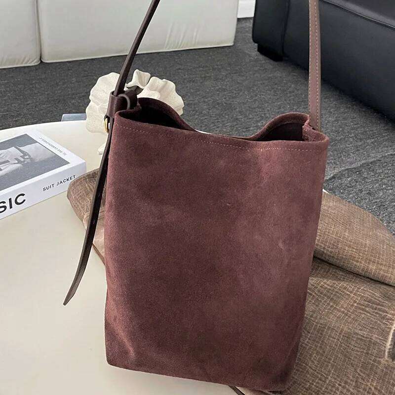 Luxury designer niche ladies matte suede split leather bucket shoulder crossbody portable wallet