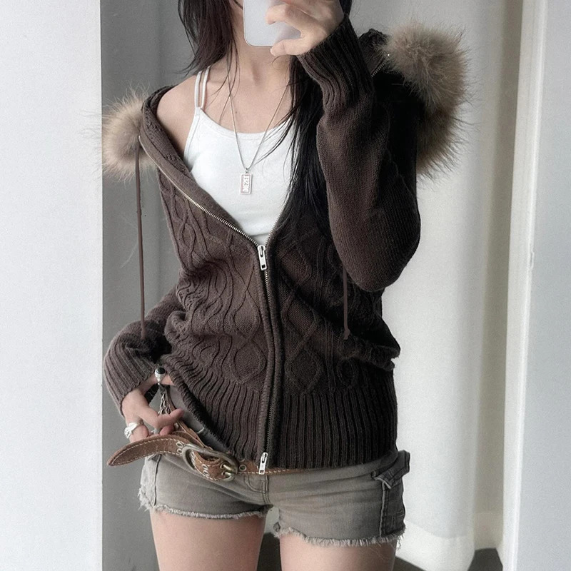 CIBBAR Furry Hooded Knitwear Hoodies y2k Streetwear Full Sleeve Zipup Womens Sweatshirts Korean Fashion Autumn Outwears Ladies 250730