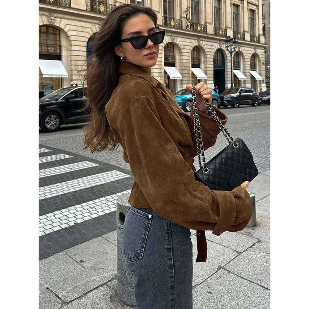 Retro Brown Lace Up Shorts Suede Jacket Elegant Female Lapel Long Sleeves Slim Coats Autumn Chic Lady High Street Outwear