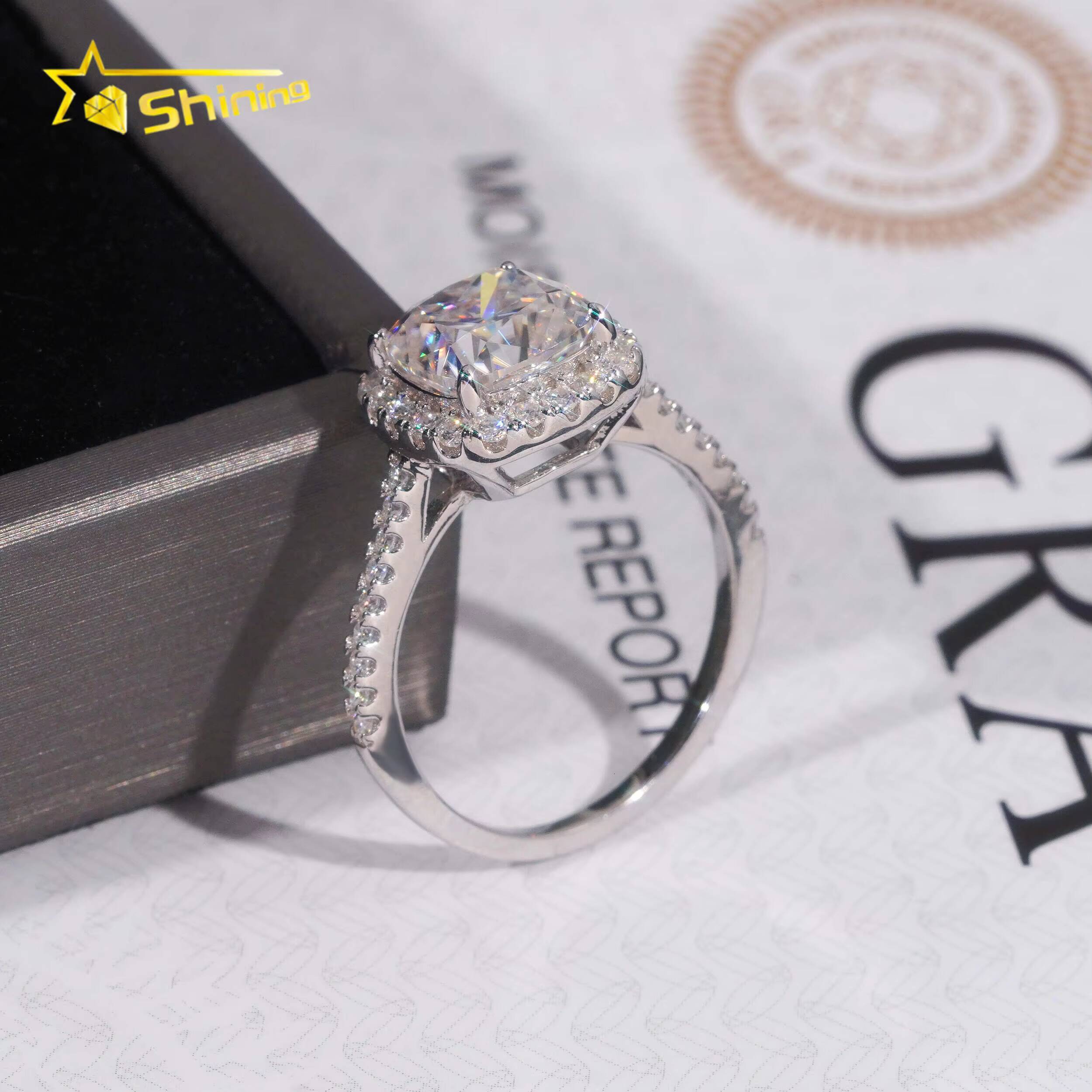 Trendy Halo Design 925 Silver Cushion Cut Moissanite Ring Custom Fine Women Finger Moissanite Eternity Wedding Ring