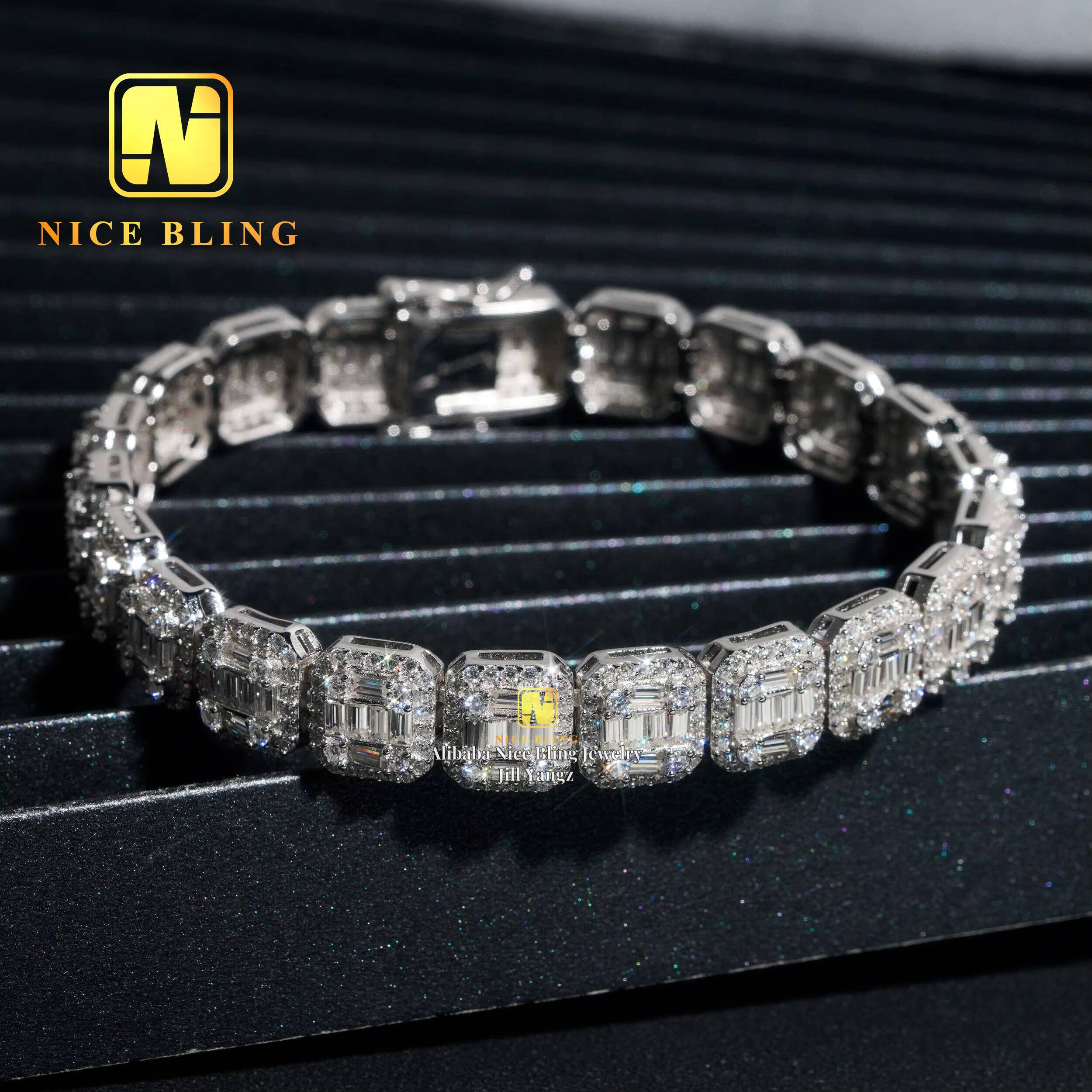 Nice Bling Jewelry Baguette Moissanite Cuban Bracelet Hip Hop Rock Moissanite Cuban Chain 925 Silver