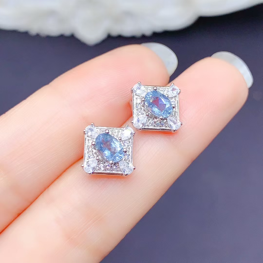 Natural Aquamarine Stud Earrings 4mm*6mm Light Blue Aquamarine Earrings allergy free 18K gold plated silver jewelry
