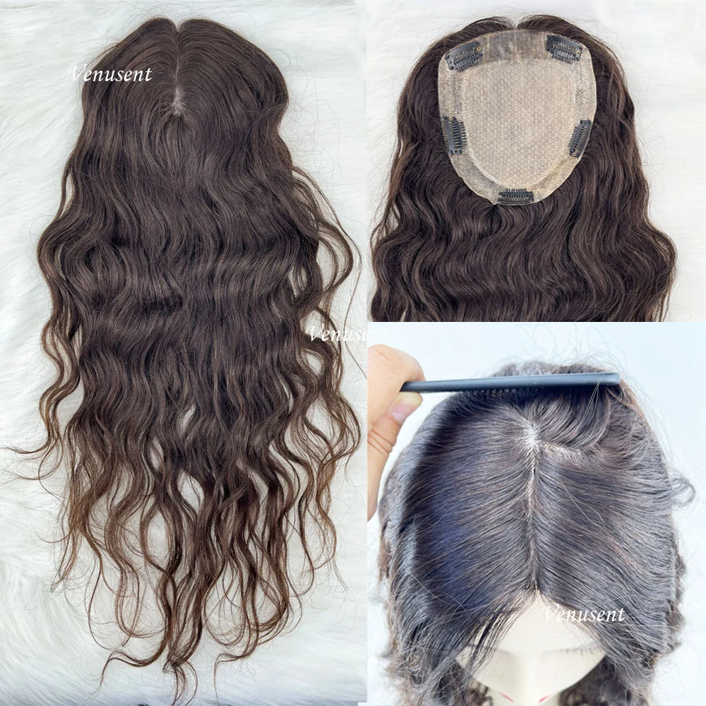 Dark Brown Silk Base Human Hair Topper with Clips in Virgin European Hair Natural Wave Silk Top Women Toupee for Thinning Hair