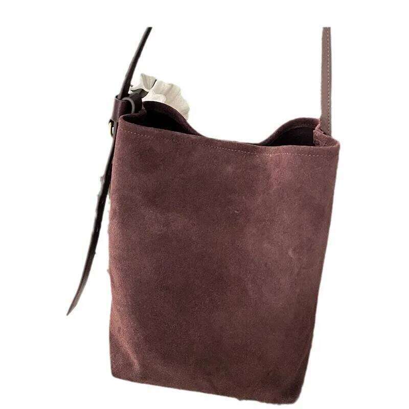 Luxury designer niche ladies matte suede split leather bucket shoulder crossbody portable wallet