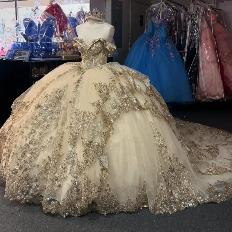 Champagne Shiny Quinceanera Dresses Off The Shoulder Applique Lace Beads Tulle Party Birthday Vestidos De 15 Anos Sweet 16 Dress