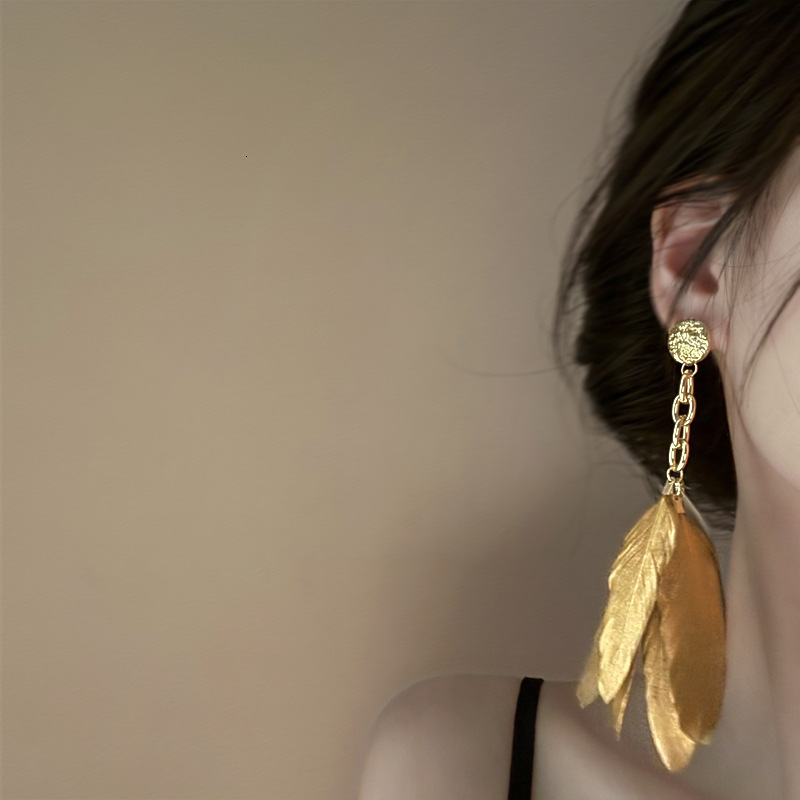 Sier Needle Gold Feather Tassel French Niche Exotic Ethnic New Chinese Style Earrings