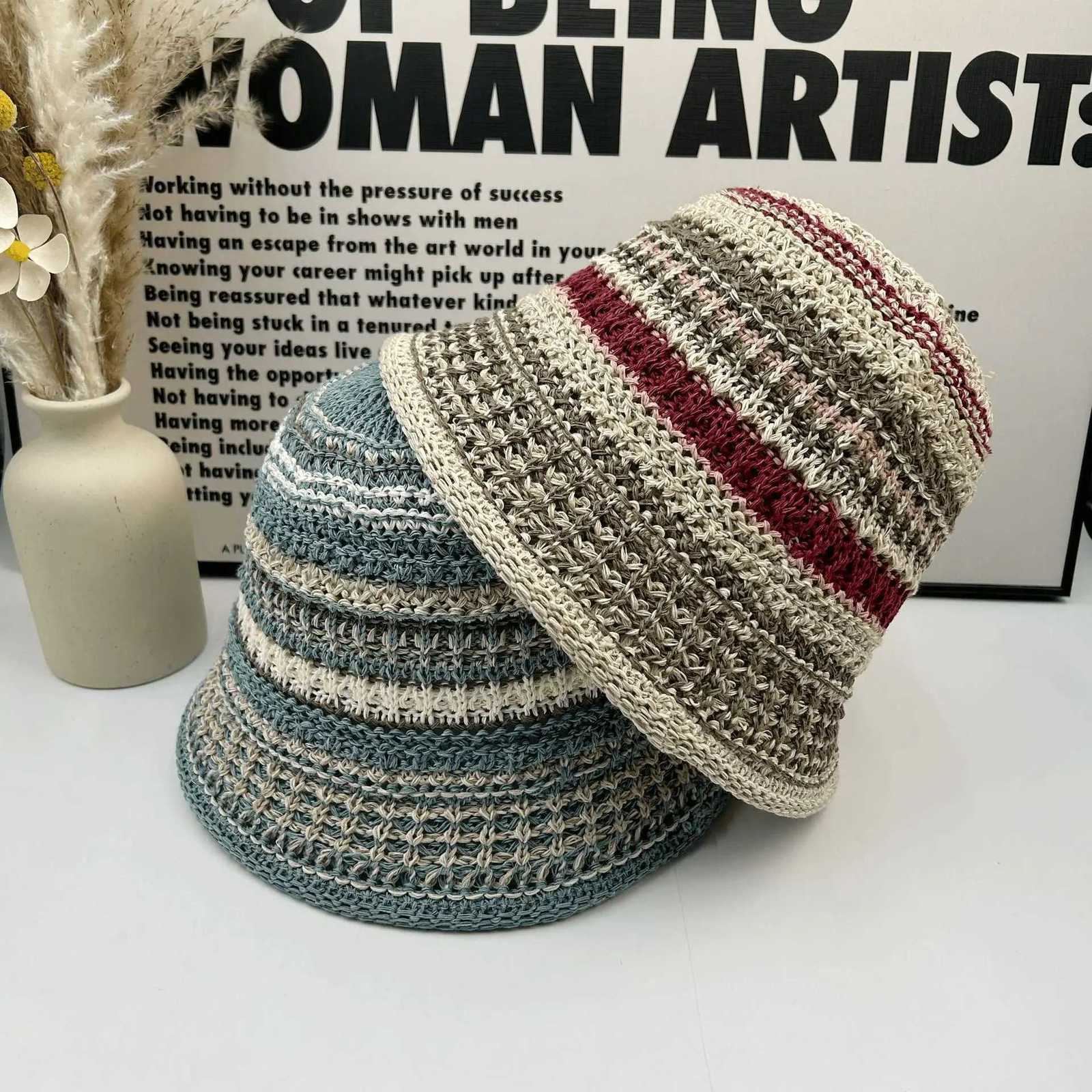 igh Chuti Spring and Summer Knitted Hollow Contra Striped Fisherman Hat Childrens Versatile Hat Sun Visor Hat Y250730