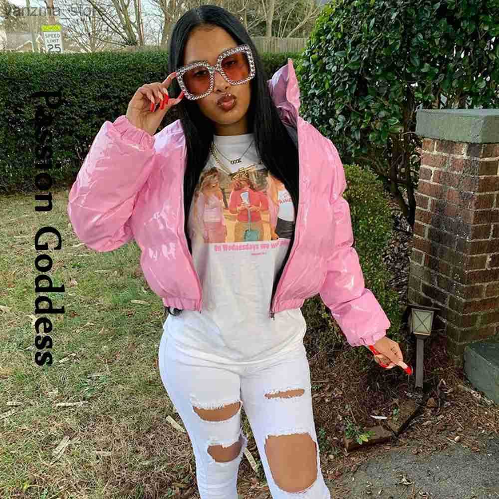 Winter Party Women Bright PU Red Puffer Jackets Warm Puffly Bubble Coats Shiny Black Leather Cropped Jackets Zipper Parkas Down L250730