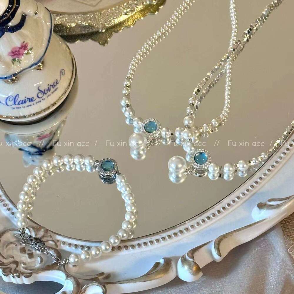 Aquamarine Necklace Bracelet for Women, Niche Light Fragmented Sier Pearl Collarbone Chain, Unique High-end Versatile Jewelry 30b