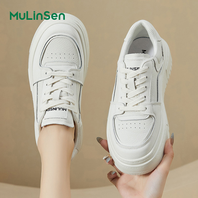 Mulinsen thick-soled white shoes for women 2025 new ins trendy all-match genuine leather platform shoes lightweight bread shoes casual sneakers