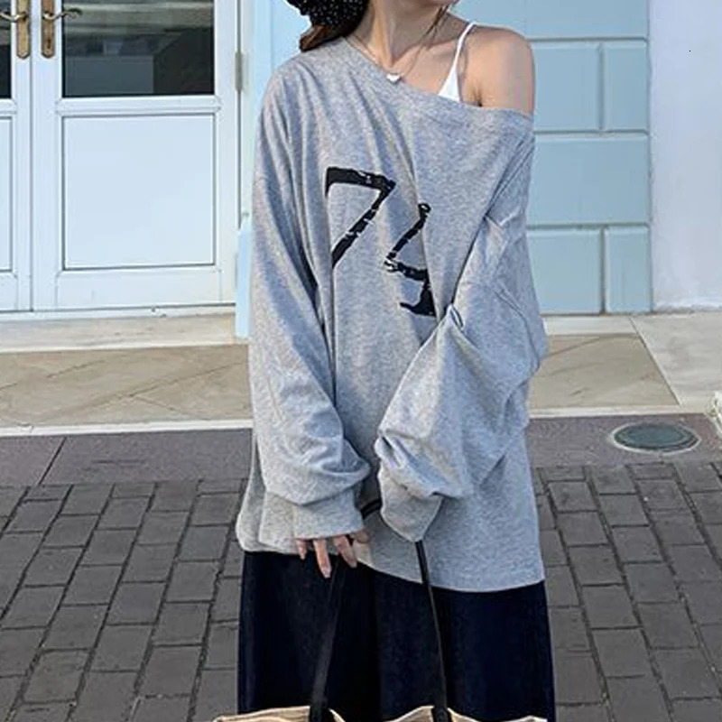 Women Clothing Trendy Sexy Off Shoulder Letter Print Basic T-shirt Y2K Harajuku Oversized Streetwear Tees Long Sleeve Tunic Tops 250725