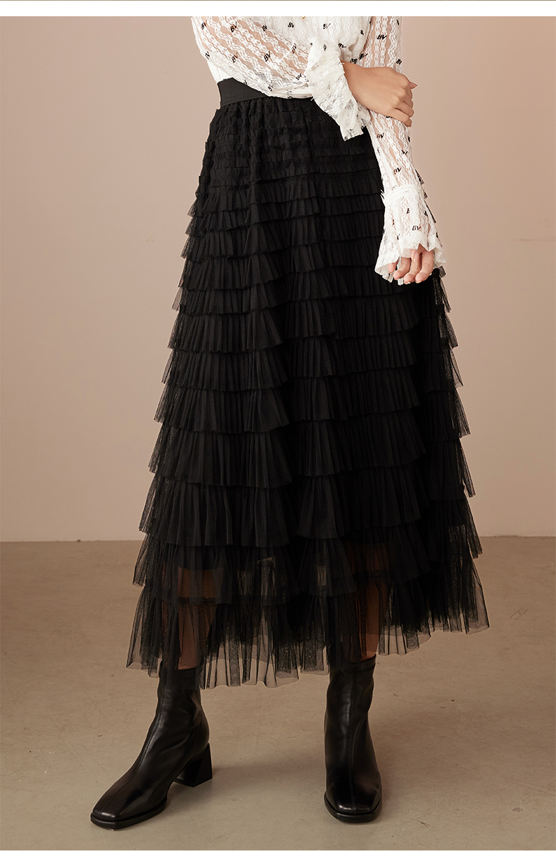 Women's Black Long Maxi Tulle Skirts A Line Ruffle High Waisted Tiered Layered Mesh Tutu Skirt 6111611