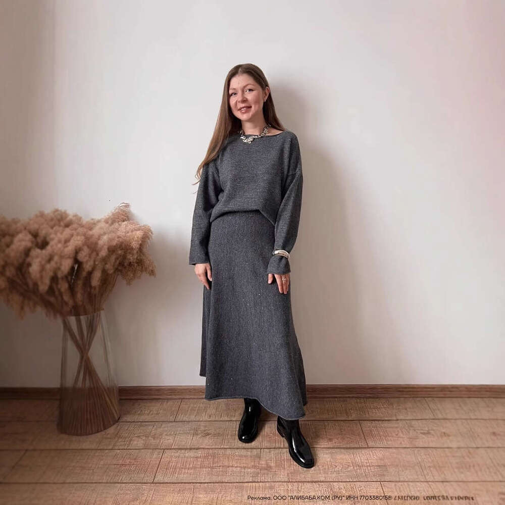 New Lazy Style Loose Top + Mermaid Skirt For Women Round Neck Knitted Sequin Set Shiny B5