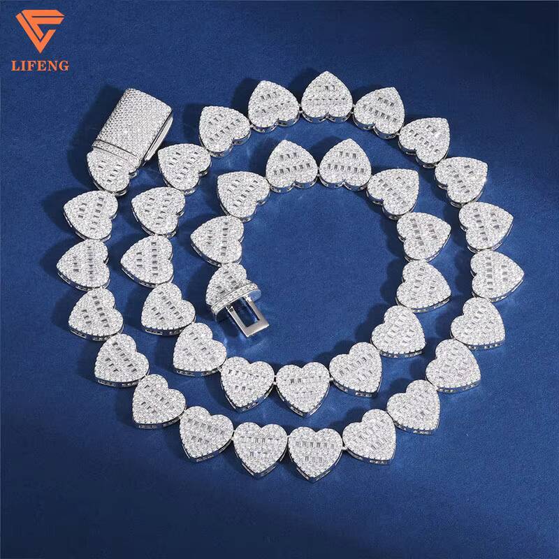 Latest Design Fashion Jewelry 8mm 925 Silver Iced Out VVS Moissanite Baguette Diamonds Heart-Shaped Tennis Chain Necklace