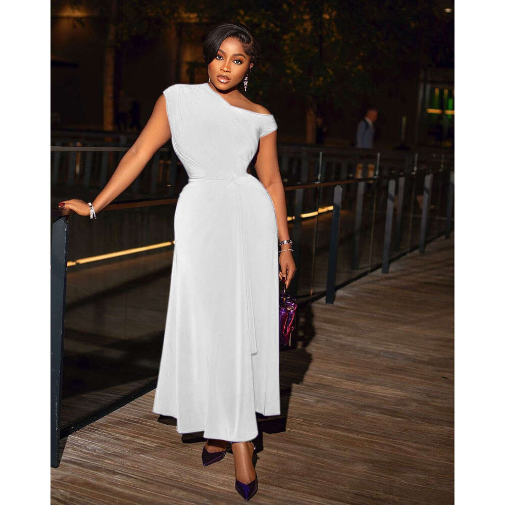 Women's New Solid Color Off-Shoulder Waist-Cinching Black Dress Summer B5