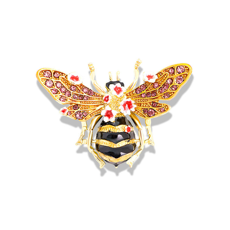 Gold Tone Enamel Bee Brooch With Pink Rhinestone Wings And Flower Accents Whimsical Party Jewelry And Gift For Her High Quality And Stylish Jewelry
