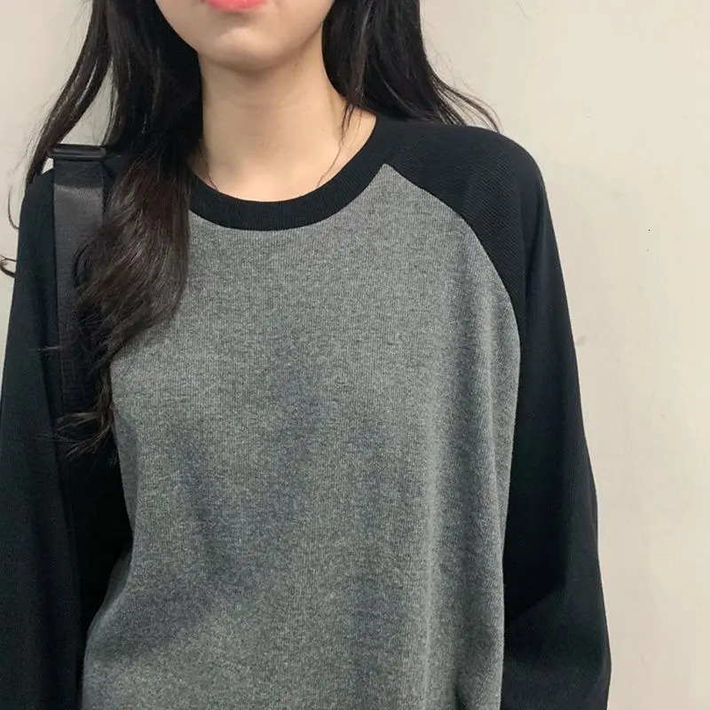 Female Tshirt Gray O Neck Contrast Color Long Sleeve T Shirt Loose Autumn Tee Tops for Women Patchwork Shirts w250729