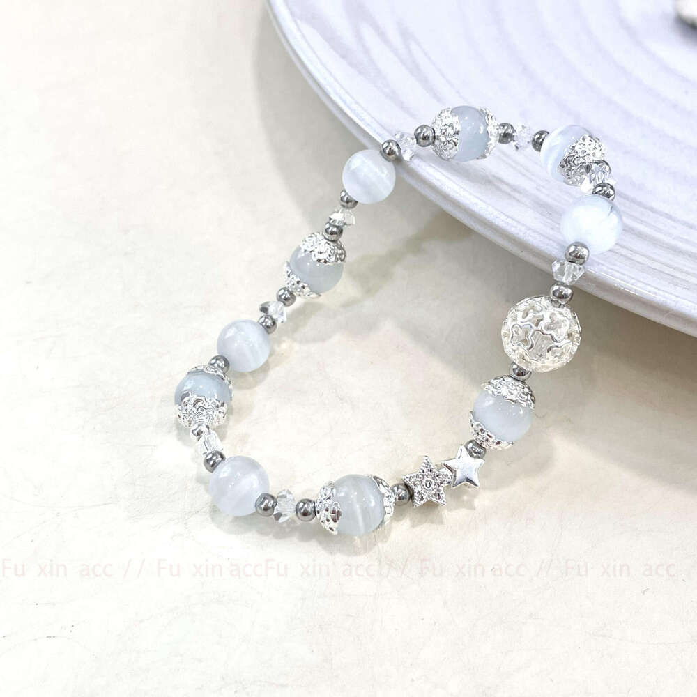 Zircon Star Hollow Bead White Cat's Eye Stone Light Niche Exquisite High-end Fashion Versatile Bracelet e6d