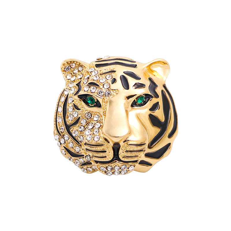 Gold Tone Rhinestone - Embellished Tiger Head Brooch With Green Eye Accents Bold Party Jewelry And Gift For Her High Quality And Stylish Jewelry