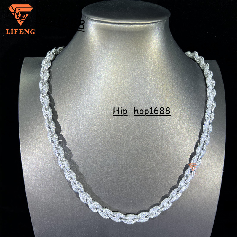 8mm Thick Twist Chain 925 Solid Silver Iced Out Vvs Moissanite Diamond Rope Necklace Cuban Link Chain for Man Hiphop Chain