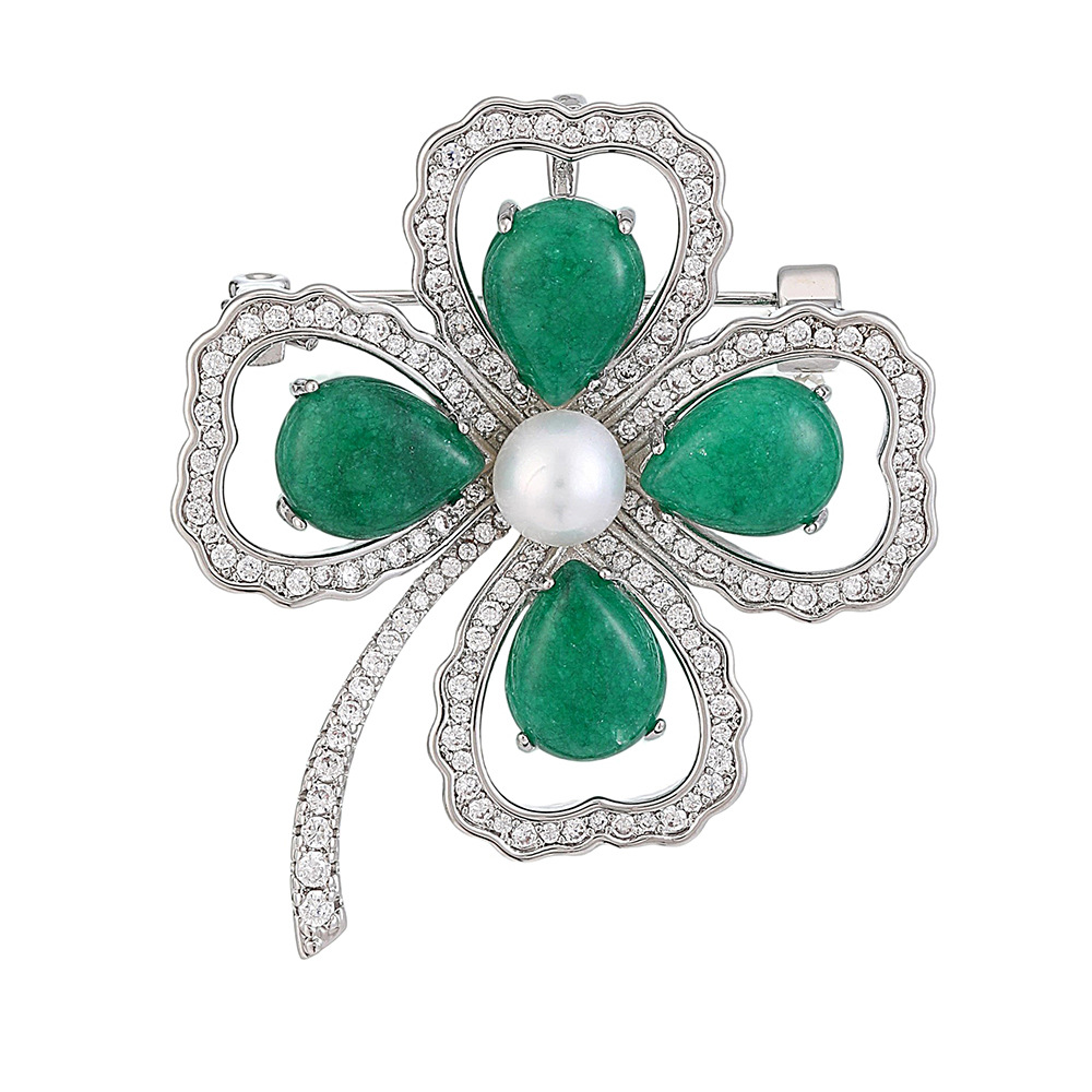 Silver Tone Rhinestone - Encrusted Four - Leaf Clover Brooch With Green Teardrop Gemstones And Pearl Center Elegant Daily Jewelry And Gift For Her Hig