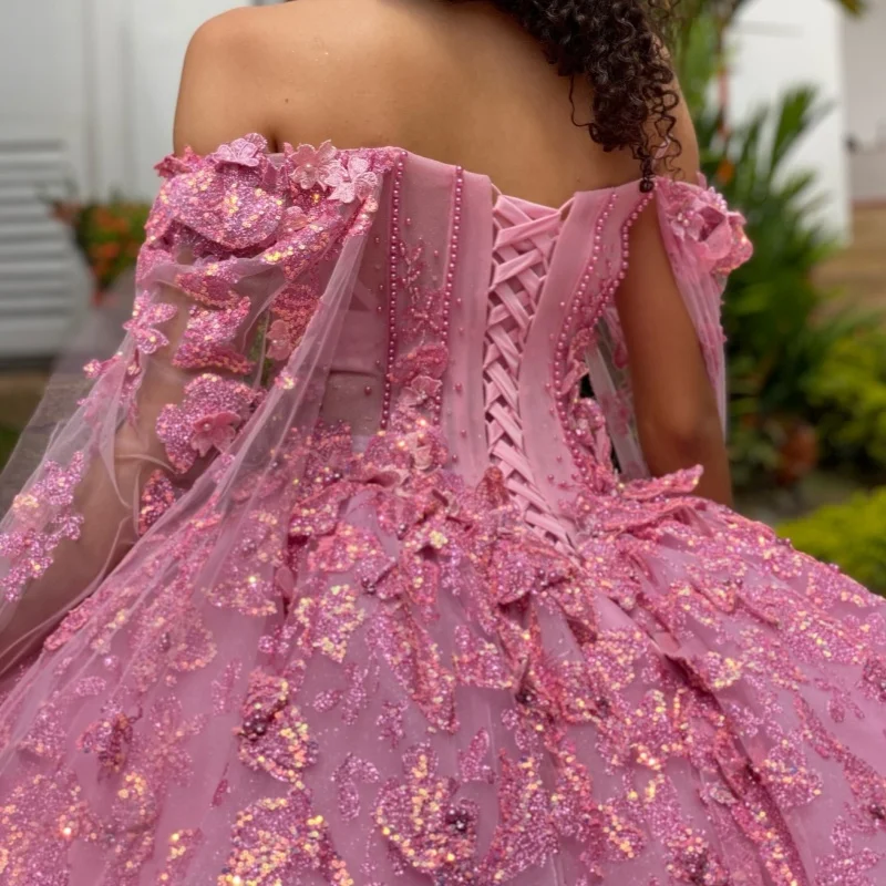 Pink Shiny Quinceanera Dresses Off The Shoulder Sequin Applique Bow Beads Tulle With Cape Vestidos De 15 Anos Sweet 15 Dress