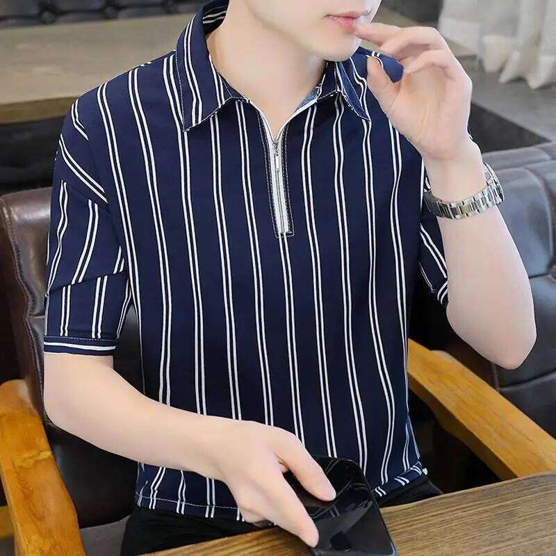 Summer New Business Color Blocked Striped Polo Shirt Men's Short Sleeved Top Flip Collar Casual T-shirt