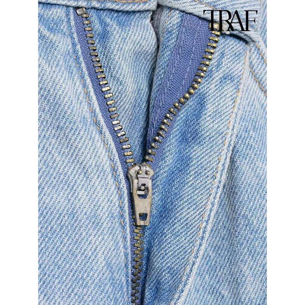 TRAF Fashion Vintage Style Contrast Color Splicing Waist Wide Leg Jeans High Street Casual Versatile Women's Pants MDNG