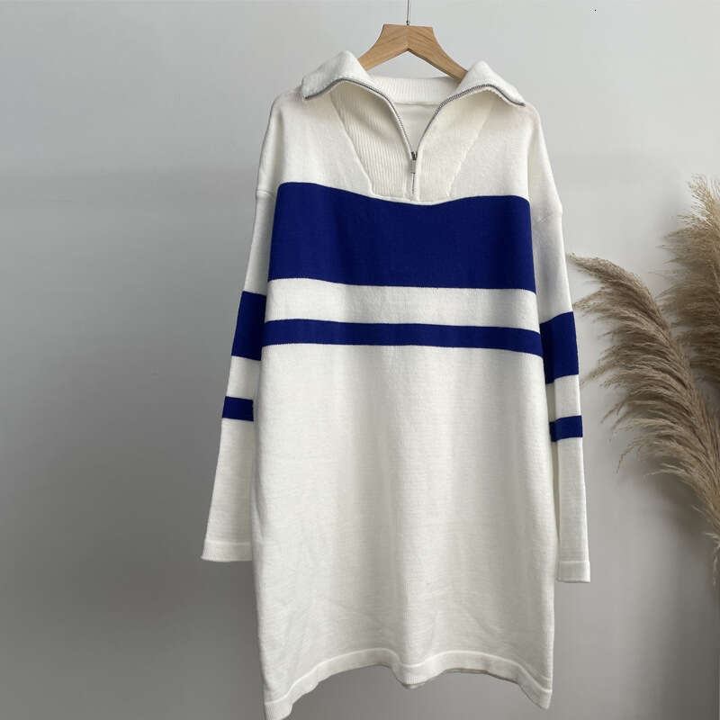 Ins Style Zipper Pullover Sweater Women, Loose Soft Knitted Long Sleeve Dress, Color Block Patchwork Top For Women B5