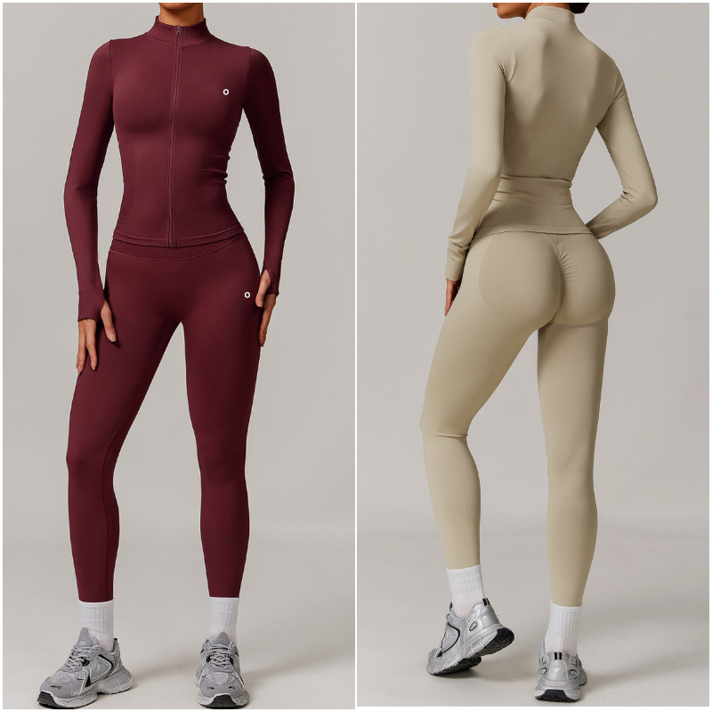 7755 Women Yoga Outfit 2 pcs Pants+Jackets Suits Exercise Close Fitting Fitness Wear Running Elastic Adult Workout Sportswear Elastic Trouser Tops Slim