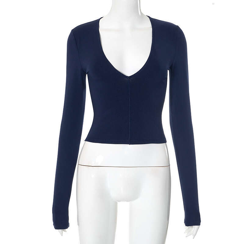 Qtp602 Women's Autumn Winter Sexy Deep V Neck Solid Color Short Cropped Ripped Long Sleeve Top T-Shirt B5