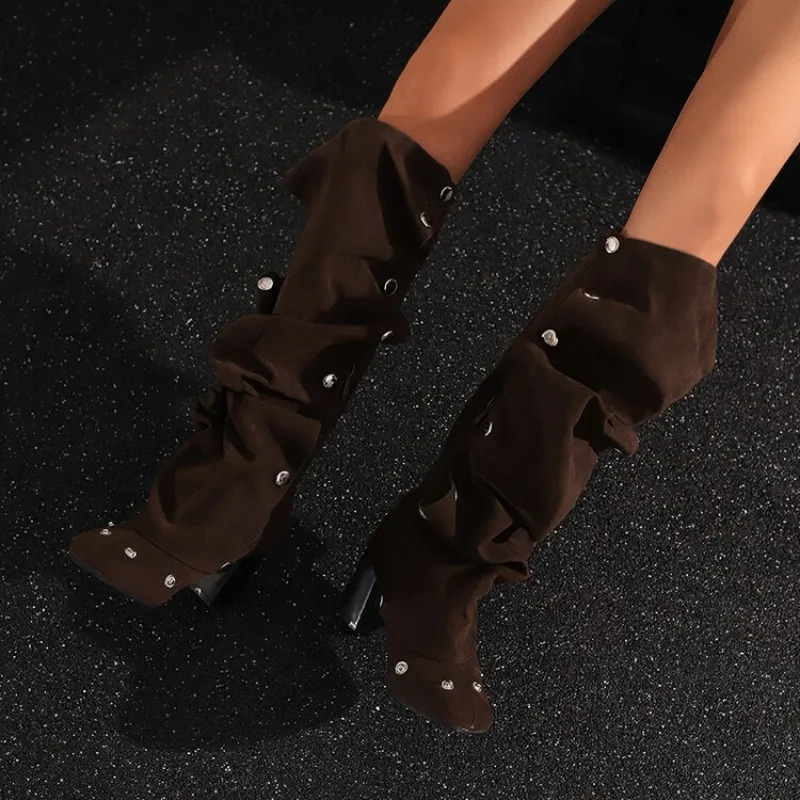 Denim Square Toe Boots Detachable Rivets 7cm Thick Heel and Knee Length Boots Winter Side Zipper Brown Trendy Boots 35-45 250729