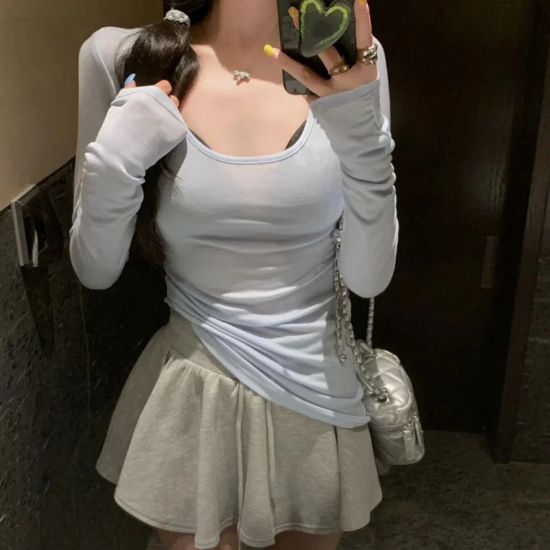 UNeck Long Sleeve TShirt Women Autumn Slim Casual Fashion Top Solid Bottom Shirts Korean Basic Off Shoulder Top 250729