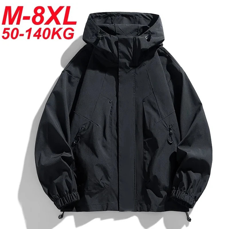 Softshell 8XL Men Jacket Hooded Windbreaker Trench Oversize 6XL 7XL Plus Size Waterproof Black Bomber Camping Loose Thin Coats 250730