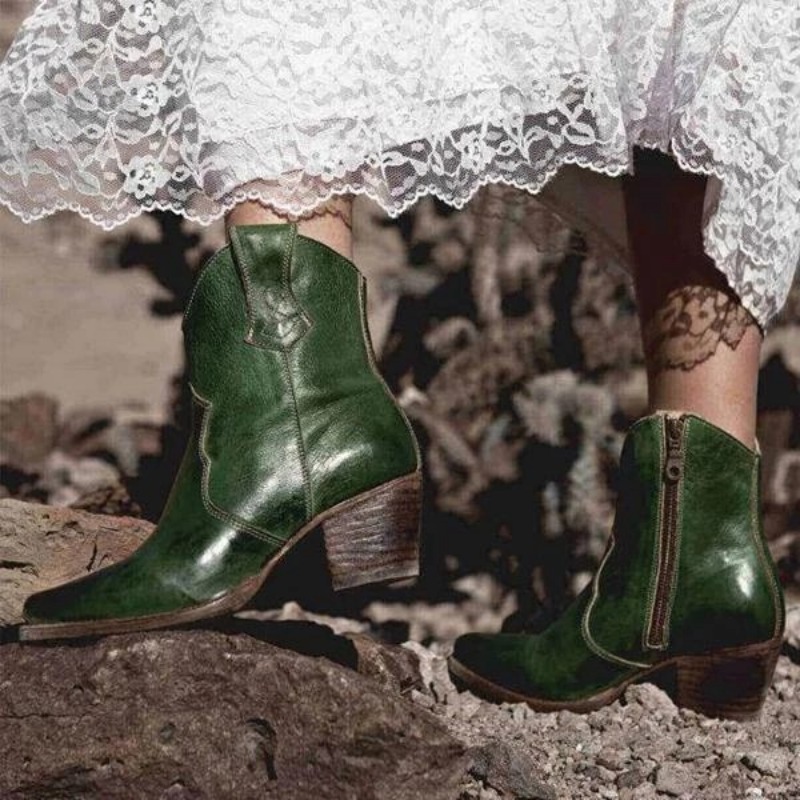 Womens Round Head Ethnic Leather Boot with Side Zipper - Thick Sole for Comfortable High Walk