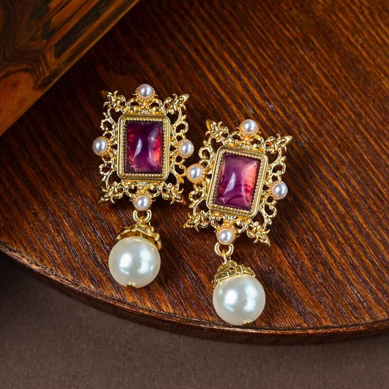 Luxurious Purple Crystal Pearl Necklace and Earrings Set Vintage Style Versatile Autumn Winter Women